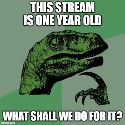 A big birthday bash | THIS STREAM IS ONE YEAR OLD; WHAT SHALL WE DO FOR IT? | image tagged in memes,philosoraptor,birthday | made w/ Imgflip meme maker