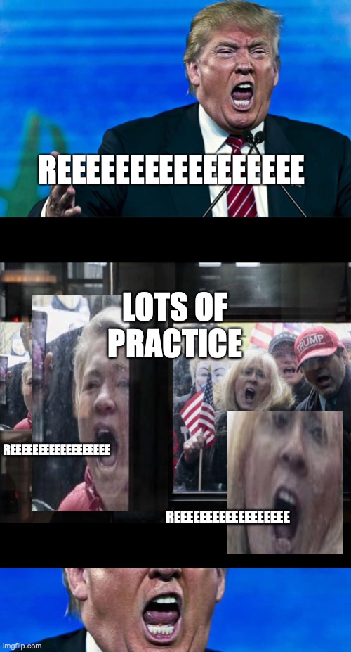 REEEEEEEEEEEEEEEEE REEEEEEEEEEEEEEEEEE REEEEEEEEEEEEEEEEEE LOTS OF PRACTICE | image tagged in angry trump,trump michigan protesters | made w/ Imgflip meme maker