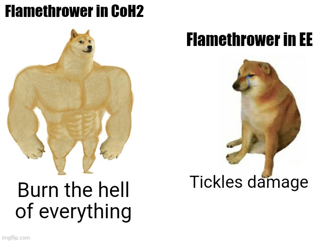 EE meme | Flamethrower in CoH2; Flamethrower in EE; Tickles damage; Burn the hell of everything | image tagged in memes,buff doge vs cheems | made w/ Imgflip meme maker