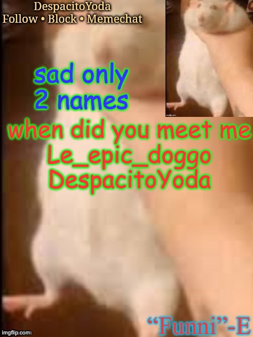 Yes (thank Series Nerd) | sad only 2 names; when did you meet me
Le_epic_doggo
DespacitoYoda | image tagged in yes thank series nerd | made w/ Imgflip meme maker