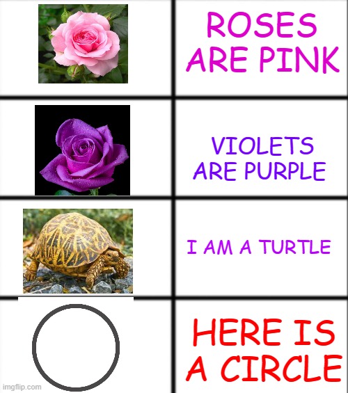 Roses are Red | ROSES ARE PINK; VIOLETS ARE PURPLE; I AM A TURTLE; HERE IS A CIRCLE | image tagged in roses are red | made w/ Imgflip meme maker