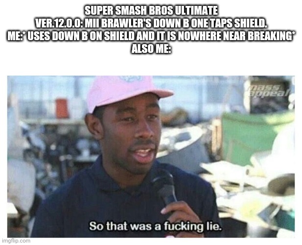 So That Was A F---ing Lie | SUPER SMASH BROS ULTIMATE VER.12.0.0: MII BRAWLER'S DOWN B ONE TAPS SHIELD.
ME:* USES DOWN B ON SHIELD AND IT IS NOWHERE NEAR BREAKING*
ALSO ME: | image tagged in so that was a f---ing lie,super smash bros | made w/ Imgflip meme maker