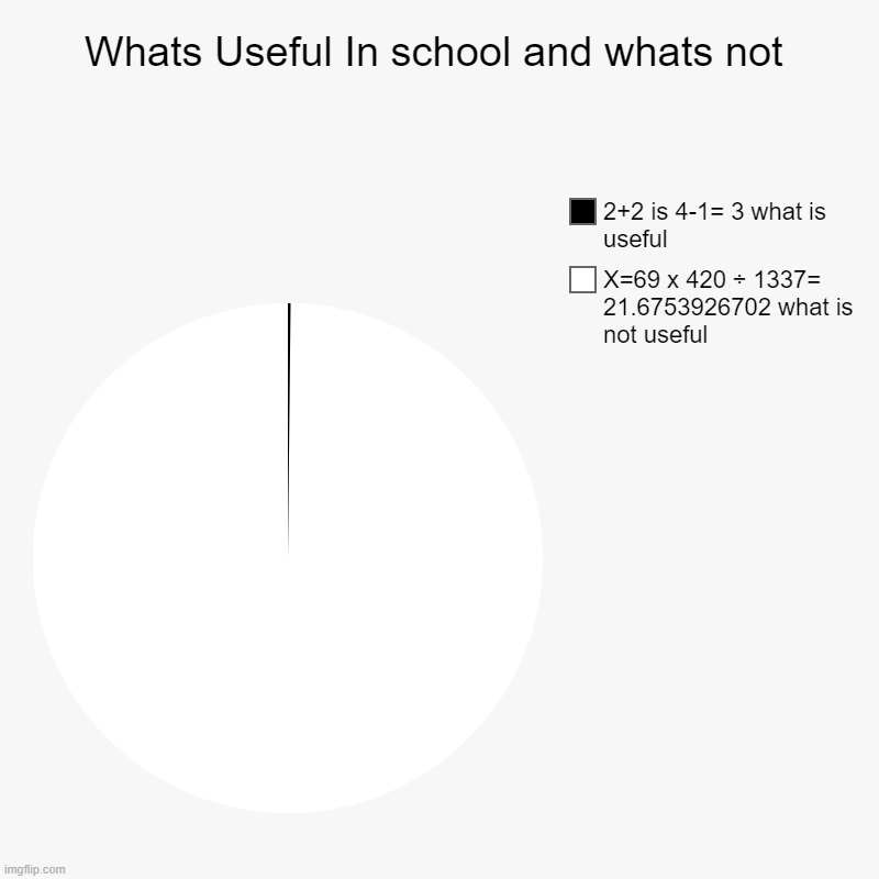 Whats Useful In school and whats not | X=69 x 420 ÷ 1337= 21.6753926702 what is not useful, 2+2 is 4-1= 3 what is useful | image tagged in charts,pie charts | made w/ Imgflip chart maker