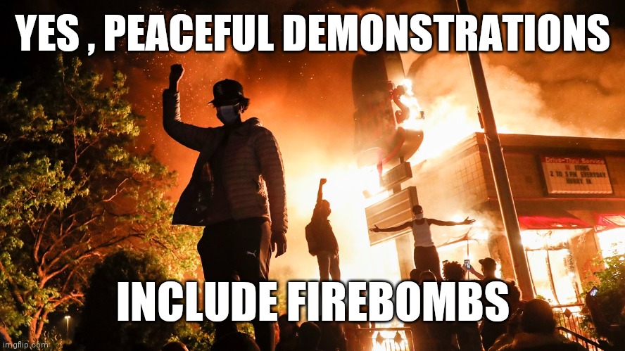 BLM Riots | YES , PEACEFUL DEMONSTRATIONS INCLUDE FIREBOMBS | image tagged in blm riots | made w/ Imgflip meme maker