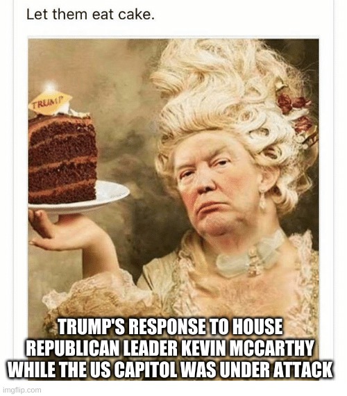 Trump Aristocracy - Let them eat cake | TRUMP'S RESPONSE TO HOUSE REPUBLICAN LEADER KEVIN MCCARTHY WHILE THE US CAPITOL WAS UNDER ATTACK | image tagged in trump - let them eat cake,republican,insurrection,trump,betrayal,election | made w/ Imgflip meme maker