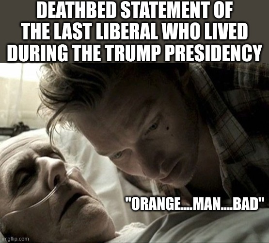 Apparently, it's terminal | DEATHBED STATEMENT OF THE LAST LIBERAL WHO LIVED DURING THE TRUMP PRESIDENCY; "ORANGE....MAN....BAD" | image tagged in deathbed | made w/ Imgflip meme maker