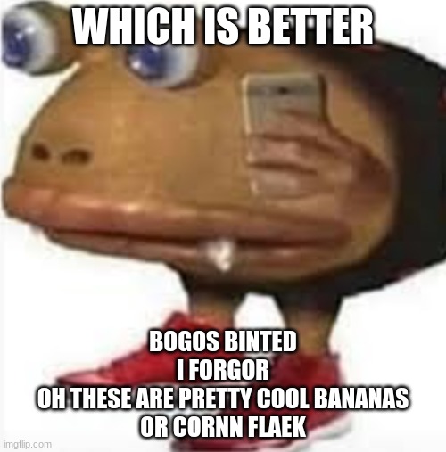 and i oop | WHICH IS BETTER; BOGOS BINTED
I FORGOR
OH THESE ARE PRETTY COOL BANANAS
OR CORNN FLAEK | image tagged in and i oop | made w/ Imgflip meme maker