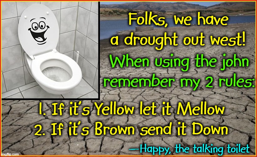 When not on LSD, always listen to Talking Toilets | Folks, we have a drought out west! When using the john
remember my 2 rules:; 1. If it's Yellow let it Mellow
2. If it's Brown send it Down; —Happy, the talking toilet | image tagged in vince vance,toilet humor,drought,memes,talking,toilet | made w/ Imgflip meme maker