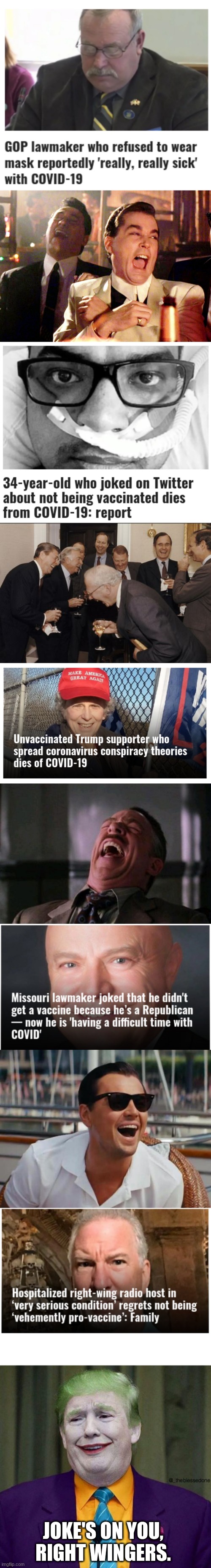 This isn't a disease, it's natural selection | JOKE'S ON YOU, RIGHT WINGERS. | image tagged in memes,good fellas hilarious,laughing men in suits,spider man boss,haha,donald trump joker laughing | made w/ Imgflip meme maker