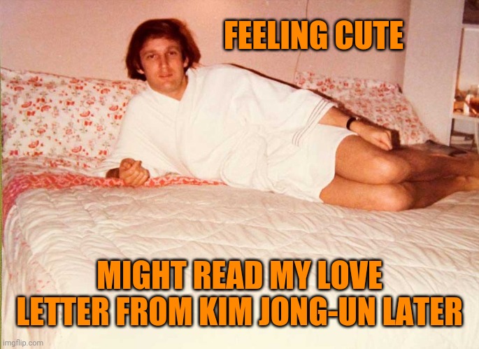 Trump Bed | FEELING CUTE; MIGHT READ MY LOVE LETTER FROM KIM JONG-UN LATER | image tagged in trump bed | made w/ Imgflip meme maker