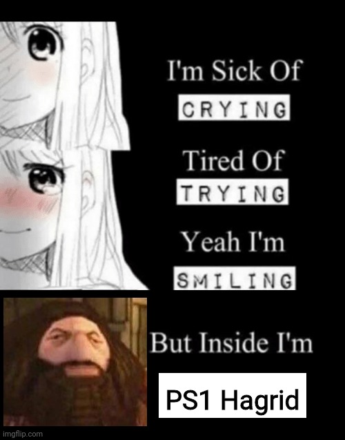 im sick of crying bla | PS1 Hagrid | image tagged in im sick of crying bla,ps1,oh wow are you actually reading these tags | made w/ Imgflip meme maker