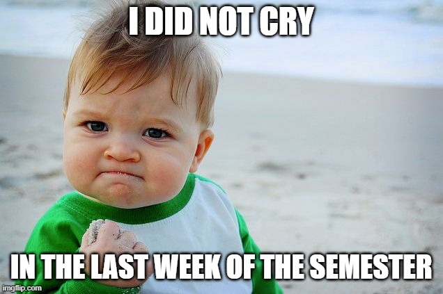 Success Kid / Nailed It Kid | I DID NOT CRY; IN THE LAST WEEK OF THE SEMESTER | image tagged in success kid / nailed it kid | made w/ Imgflip meme maker