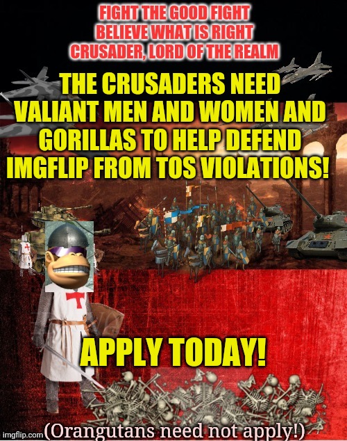 Join the crusaders! | THE CRUSADERS NEED VALIANT MEN AND WOMEN AND GORILLAS TO HELP DEFEND IMGFLIP FROM TOS VIOLATIONS! APPLY TODAY! (Orangutans need not apply!) | image tagged in crusader lord of the realm,ads,crusades,apply today | made w/ Imgflip meme maker