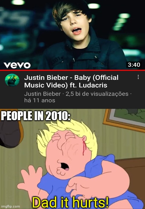 Family Guy Dad it hurts | PEOPLE IN 2010:; Dad it hurts! | image tagged in memes,justin bieber,family guy | made w/ Imgflip meme maker