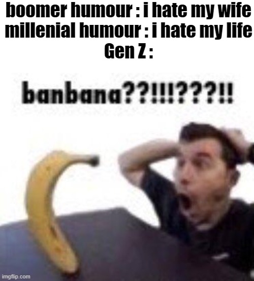BANBANA!?!??!?!?! | boomer humour : i hate my wife
millenial humour : i hate my life
Gen Z : | image tagged in gen z,memes,funny,gifs,not really a gif,oh wow are you actually reading these tags | made w/ Imgflip meme maker
