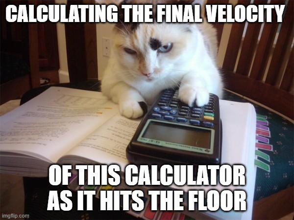 TI83 down | CALCULATING THE FINAL VELOCITY; OF THIS CALCULATOR AS IT HITS THE FLOOR | image tagged in math cat | made w/ Imgflip meme maker