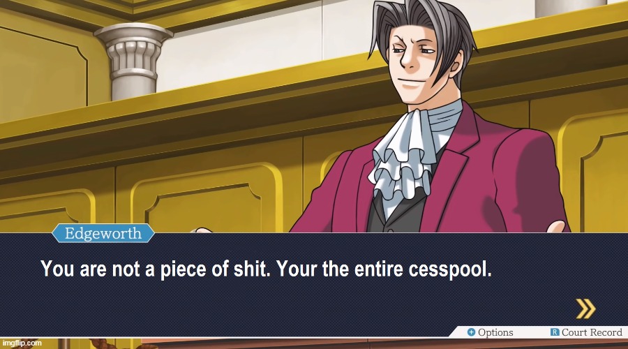 Miles Edgeworth throwing shade. | image tagged in ace attorney,miles edgeworth,capcom,video games,visual novel,court | made w/ Imgflip meme maker