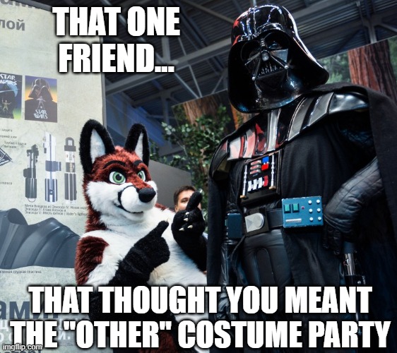 Ooooooh, That kind! | THAT ONE FRIEND... THAT THOUGHT YOU MEANT THE "OTHER" COSTUME PARTY | image tagged in furry,funny,memes,darth vader,star wars,party | made w/ Imgflip meme maker