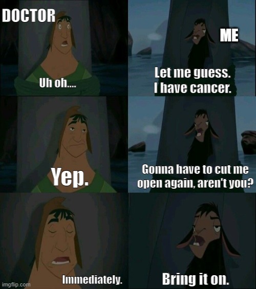 Emperor's New Groove Waterfall  | DOCTOR; ME; Let me guess.
I have cancer. Uh oh.... Gonna have to cut me open again, aren't you? Yep. Bring it on. Immediately. | image tagged in emperor's new groove waterfall | made w/ Imgflip meme maker