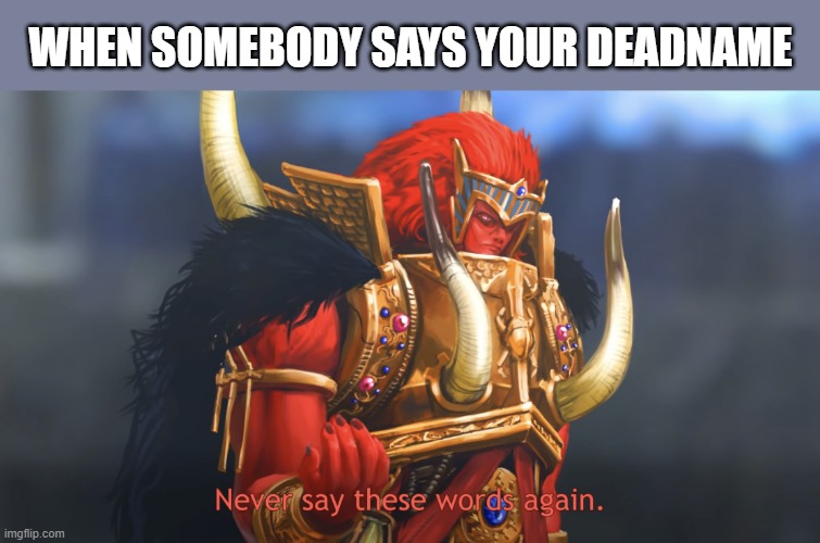 Never say there words again | WHEN SOMEBODY SAYS YOUR DEADNAME | image tagged in never say these words again,gender,trans | made w/ Imgflip meme maker