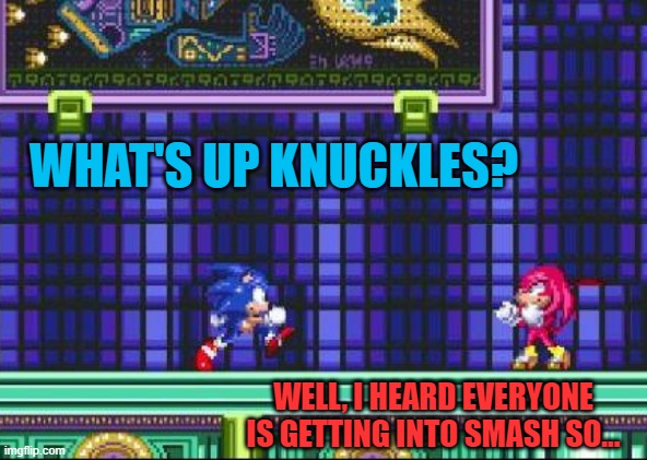 So about this smash tournament... | WHAT'S UP KNUCKLES? WELL, I HEARD EVERYONE IS GETTING INTO SMASH SO... | image tagged in sonic,knuckles,super smash bros,unlikely smash characters | made w/ Imgflip meme maker