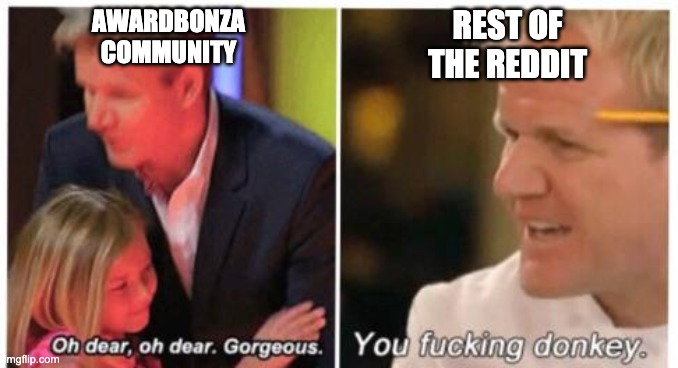 Oh dear, dear gorgeus | AWARDBONZA COMMUNITY; REST OF THE REDDIT | image tagged in oh dear dear gorgeus | made w/ Imgflip meme maker