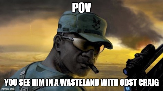 sgt johnson | POV; YOU SEE HIM IN A WASTELAND WITH ODST CRAIG | image tagged in sgt johnson | made w/ Imgflip meme maker