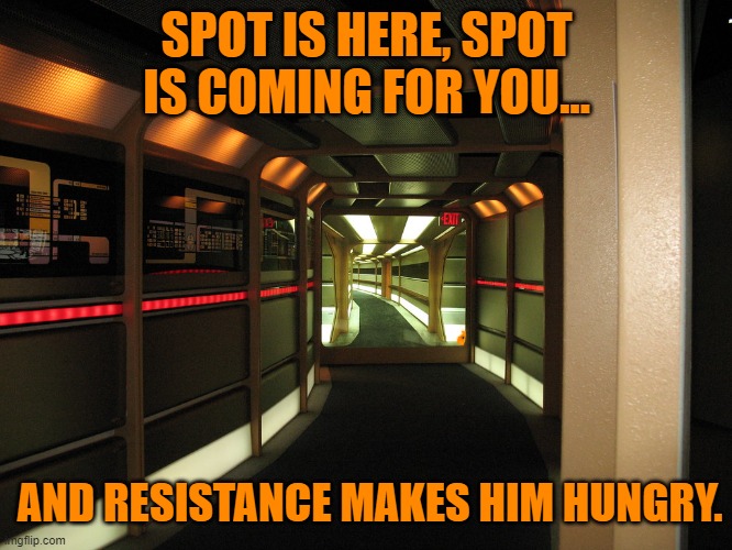 Forboding Star Trek hallway | SPOT IS HERE, SPOT IS COMING FOR YOU... AND RESISTANCE MAKES HIM HUNGRY. | image tagged in forboding star trek hallway | made w/ Imgflip meme maker