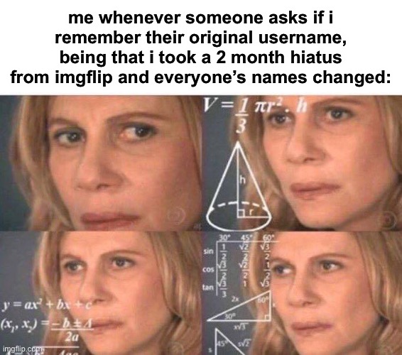 dw, ik who most of u are now | me whenever someone asks if i remember their original username, being that i took a 2 month hiatus from imgflip and everyone’s names changed: | image tagged in math lady/confused lady | made w/ Imgflip meme maker