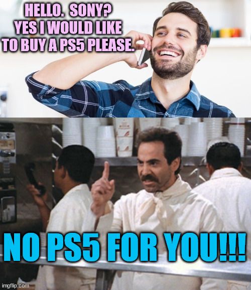 PS5 is so elusive, they should rename it the Sony Sasquatch. | HELLO.  SONY? YES I WOULD LIKE TO BUY A PS5 PLEASE. NO PS5 FOR YOU!!! | image tagged in sony,ps5,sasquatch | made w/ Imgflip meme maker