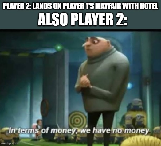 monopoly meme | PLAYER 2: LANDS ON PLAYER 1'S MAYFAIR WITH HOTEL; ALSO PLAYER 2: | image tagged in in terms of money,monopoly,bankruptcy,memes,money | made w/ Imgflip meme maker