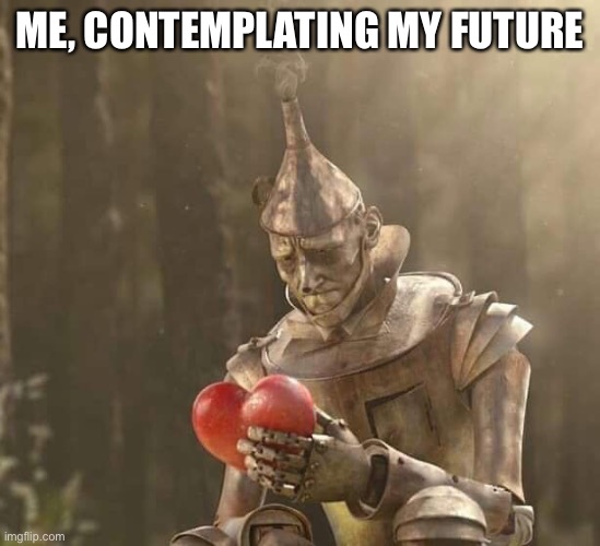 My future 2 | ME, CONTEMPLATING MY FUTURE | image tagged in tin man heart,heart,broken heart | made w/ Imgflip meme maker