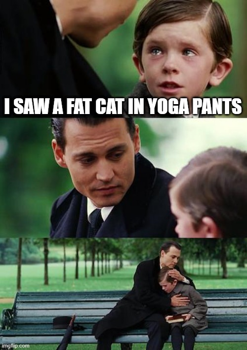 Finding Neverland Meme | I SAW A FAT CAT IN YOGA PANTS | image tagged in memes,finding neverland | made w/ Imgflip meme maker