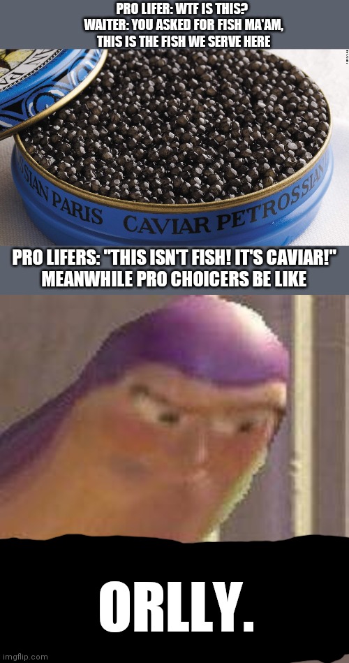 Distinction is important. | PRO LIFER: WTF IS THIS? 
WAITER: YOU ASKED FOR FISH MA'AM, THIS IS THE FISH WE SERVE HERE; PRO LIFERS: "THIS ISN'T FISH! IT'S CAVIAR!"

MEANWHILE PRO CHOICERS BE LIKE; ORLLY. | image tagged in caviar,buzz lightyear hmm | made w/ Imgflip meme maker