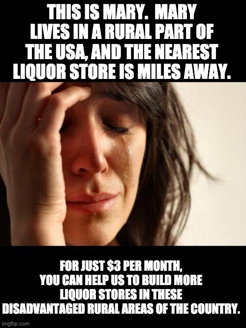 Show that you care | THIS IS MARY.  MARY LIVES IN A RURAL PART OF THE USA, AND THE NEAREST LIQUOR STORE IS MILES AWAY. FOR JUST $3 PER MONTH, YOU CAN HELP US TO BUILD MORE LIQUOR STORES IN THESE DISADVANTAGED RURAL AREAS OF THE COUNTRY. | image tagged in memes,first world problems | made w/ Imgflip meme maker