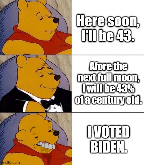 Getting older these days like... | Here soon, I'll be 43. Afore the next full moon, I will be 43% of a century old. I VOTED BIDEN. | image tagged in best better blurst,aging | made w/ Imgflip meme maker
