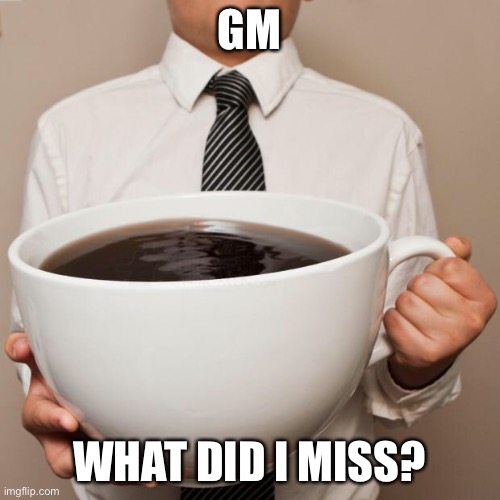 giant coffee | GM; WHAT DID I MISS? | image tagged in giant coffee | made w/ Imgflip meme maker