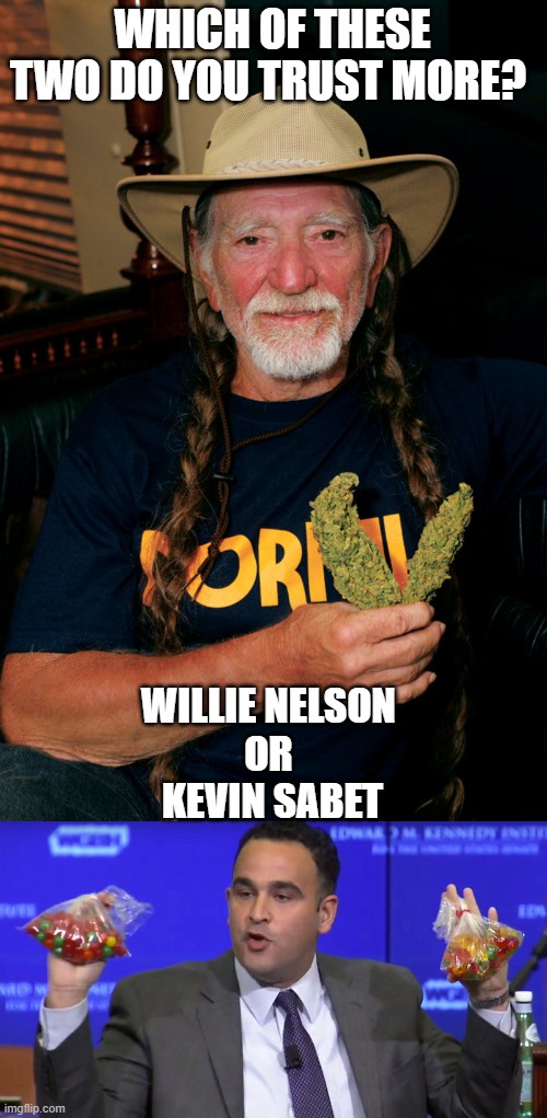 Which of these two do you trust more? Willie Nelson or Kevin Sabet | WHICH OF THESE TWO DO YOU TRUST MORE? WILLIE NELSON 
OR 
KEVIN SABET | image tagged in willie nelson,kevin sabet,sam,marijuana | made w/ Imgflip meme maker