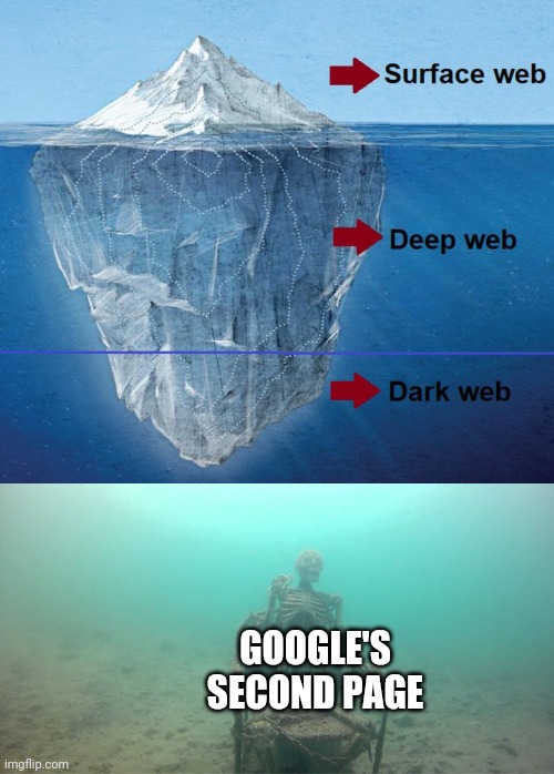 GOOGLE'S SECOND PAGE | image tagged in mother ignoring kid drowning in a pool | made w/ Imgflip meme maker