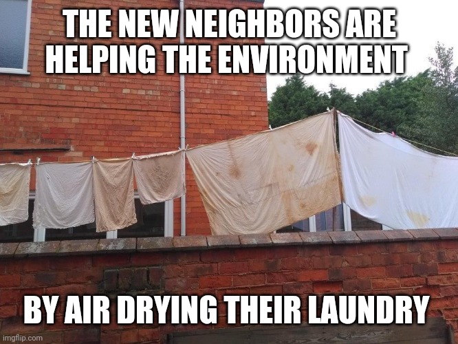 THE NEW NEIGHBORS ARE HELPING THE ENVIRONMENT; BY AIR DRYING THEIR LAUNDRY | image tagged in funny memes | made w/ Imgflip meme maker