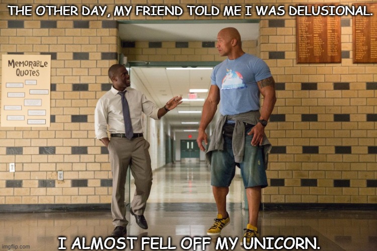 Daily Bad Dad Joke 07/26/2021 | THE OTHER DAY, MY FRIEND TOLD ME I WAS DELUSIONAL. I ALMOST FELL OFF MY UNICORN. | image tagged in dwayne johnson unicorn | made w/ Imgflip meme maker