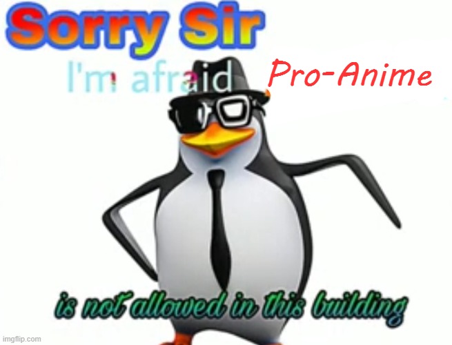 Sorry sir I'm afraid anime is not allowed in this building | Pro-Anime | image tagged in sorry sir i'm afraid anime is not allowed in this building | made w/ Imgflip meme maker