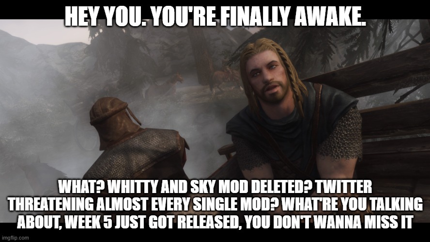 The good times........ (crying) | HEY YOU. YOU'RE FINALLY AWAKE. WHAT? WHITTY AND SKY MOD DELETED? TWITTER THREATENING ALMOST EVERY SINGLE MOD? WHAT'RE YOU TALKING ABOUT, WEEK 5 JUST GOT RELEASED, YOU DON'T WANNA MISS IT | image tagged in skyrim you're finally awake,fnf,friday night funkin | made w/ Imgflip meme maker