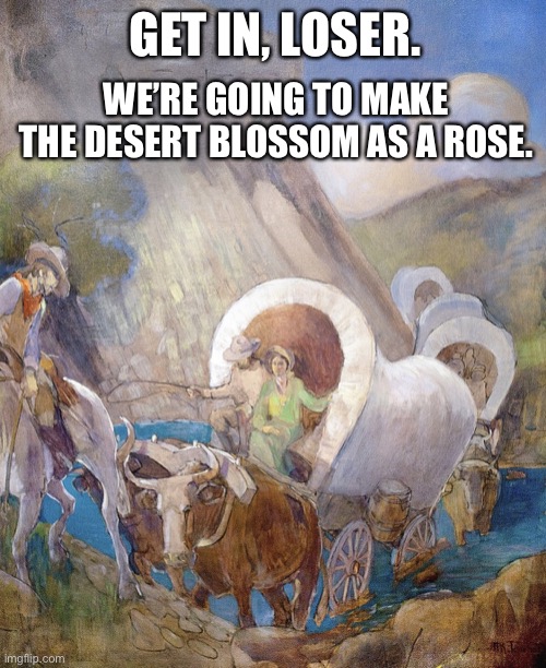 Pioneers by Minerva Teichert | GET IN, LOSER. WE’RE GOING TO MAKE THE DESERT BLOSSOM AS A ROSE. | image tagged in pioneers by minerva teichert | made w/ Imgflip meme maker