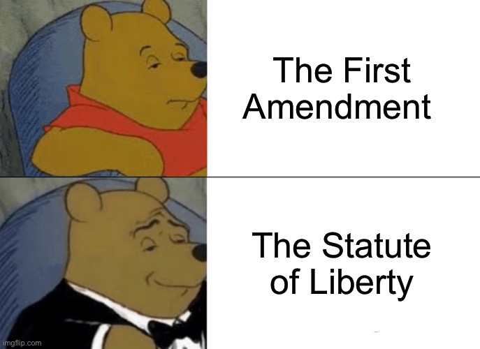 Statute | The First Amendment; The Statute of Liberty | image tagged in memes,tuxedo winnie the pooh,first amendment,bill of rights,statue of liberty,freedom | made w/ Imgflip meme maker
