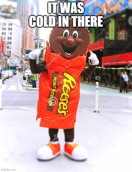 Mr. Reese's Cup | IT WAS COLD IN THERE | image tagged in mr reese's cup | made w/ Imgflip meme maker