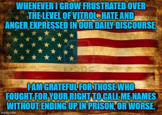 It is the "First," Amendment for good reason. | WHENEVER I GROW FRUSTRATED OVER THE LEVEL OF VITROL , HATE AND ANGER EXPRESSED IN OUR DAILY DISCOURSE, I AM GRATEFUL FOR THOSE WHO FOUGHT FOR YOUR RIGHT TO CALL ME NAMES WITHOUT ENDING UP IN PRISON, OR WORSE. | image tagged in politics | made w/ Imgflip meme maker