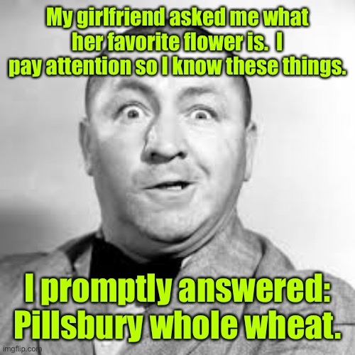 And that’s the truth |  My girlfriend asked me what her favorite flower is.  I pay attention so I know these things. I promptly answered: Pillsbury whole wheat. | image tagged in curly three stooges,flour,favorite flower,girlfriend | made w/ Imgflip meme maker