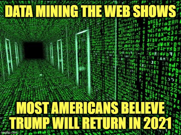 Forget the phony media polling, the cabal monitors data mining. | DATA MINING THE WEB SHOWS; MOST AMERICANS BELIEVE TRUMP WILL RETURN IN 2021 | image tagged in matrix,trump,leftist media | made w/ Imgflip meme maker
