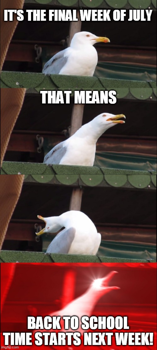 Inhaling Seagull Meme | IT'S THE FINAL WEEK OF JULY; THAT MEANS; BACK TO SCHOOL TIME STARTS NEXT WEEK! | image tagged in memes,inhaling seagull | made w/ Imgflip meme maker